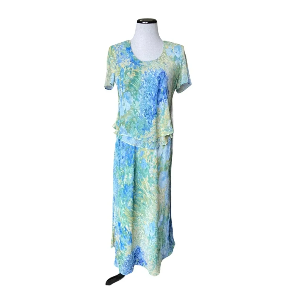 Coldwater‎ Creek Tiered Chiffon Maxi Dress Size 6 Blue Watercolor Kentucky Derby